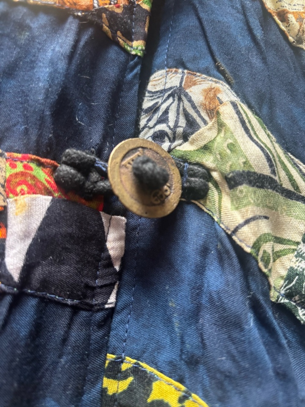 Vintage Bohemian Oversized Black Patchwork Open-Front Jacket Coin Buttons - Picture 5 of 11